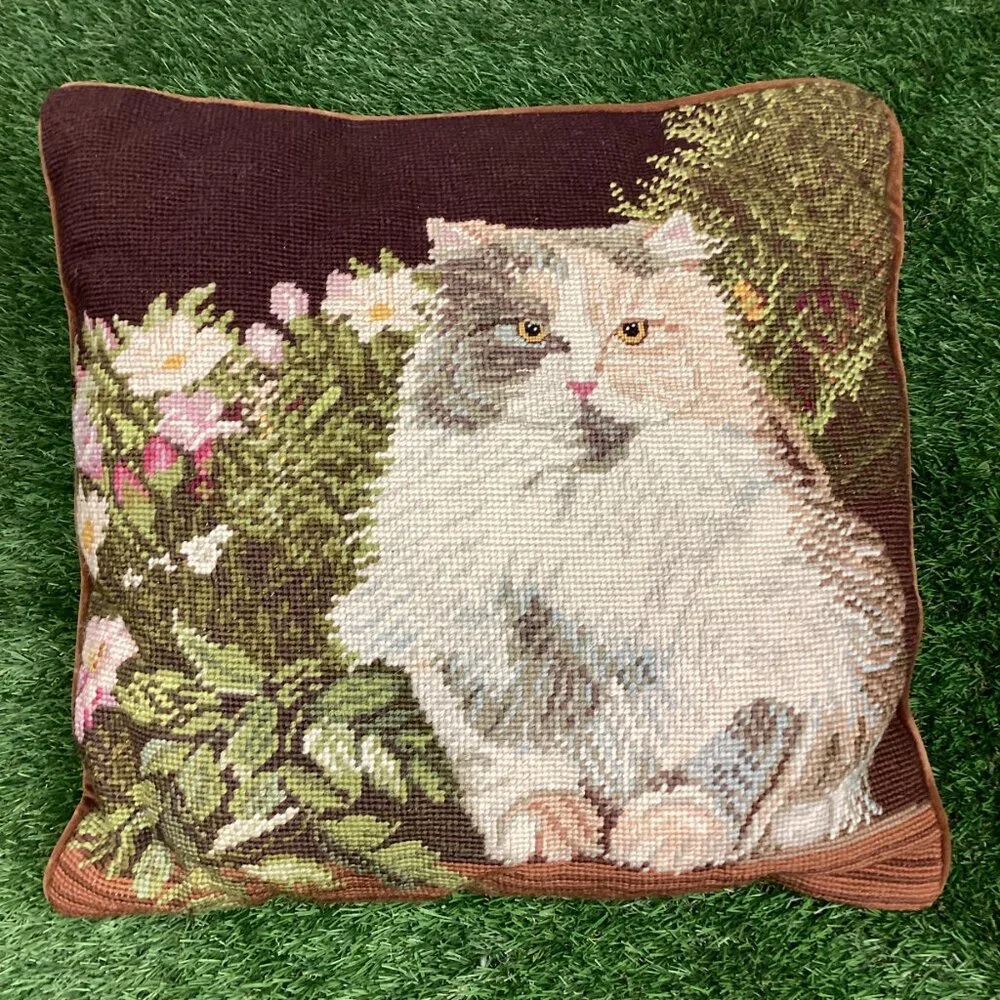 Vintage Cat Needlepoint Tapestry Pillow Long Haired Calico